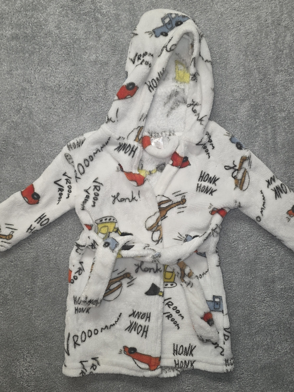 Baby Kiss White Plush Hooded Kids Robe with Multicolor Car Helicopter Prints